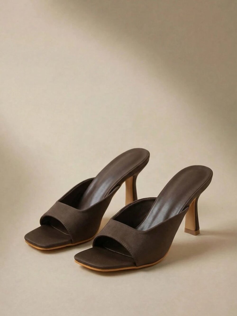 Brown Square Toe Heeled Mule Sandals